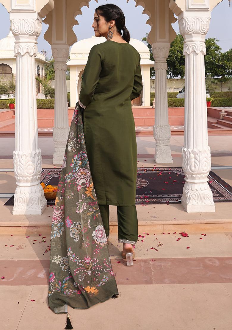 Mehandi Embroidered Silk Kurta Set