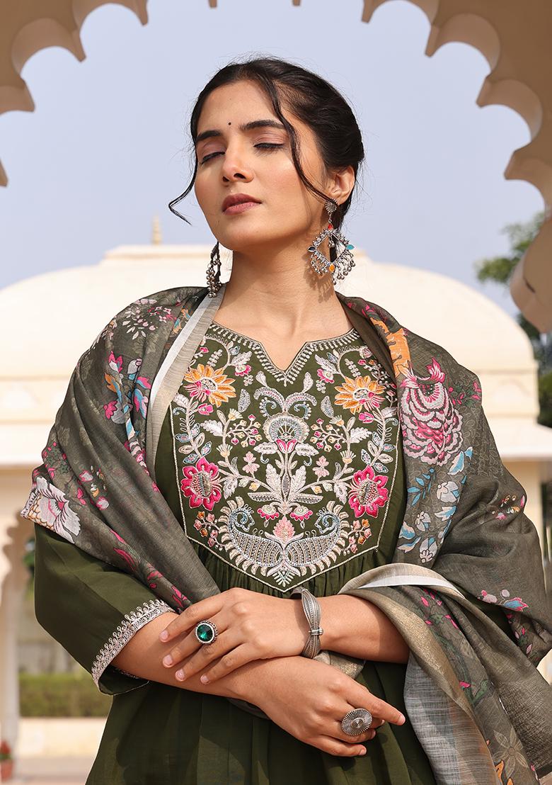 Mehandi Embroidered Silk Kurta Set