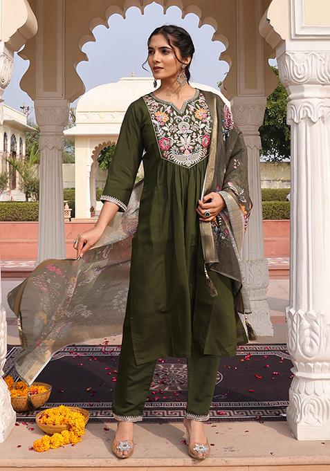 Mehandi Embroidered Silk Kurta Set