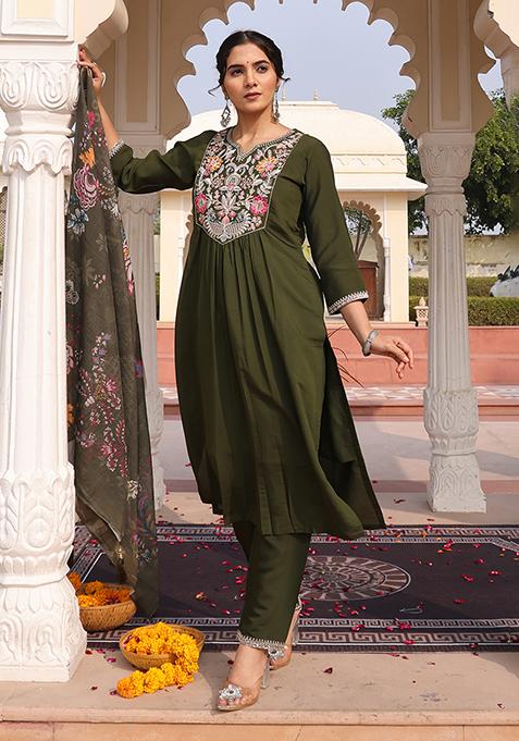 Mehandi Embroidered Silk Kurta Set