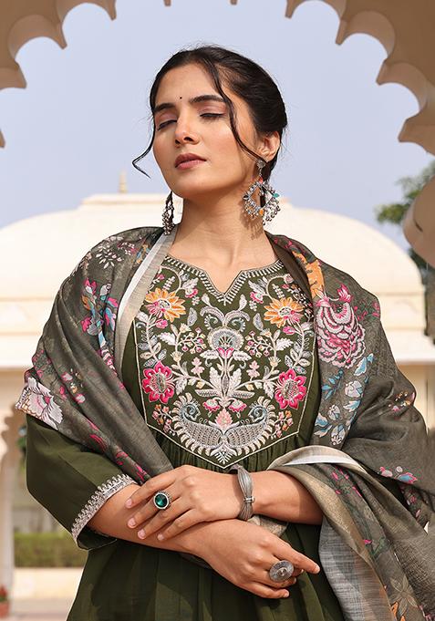 Mehandi Embroidered Silk Kurta Set