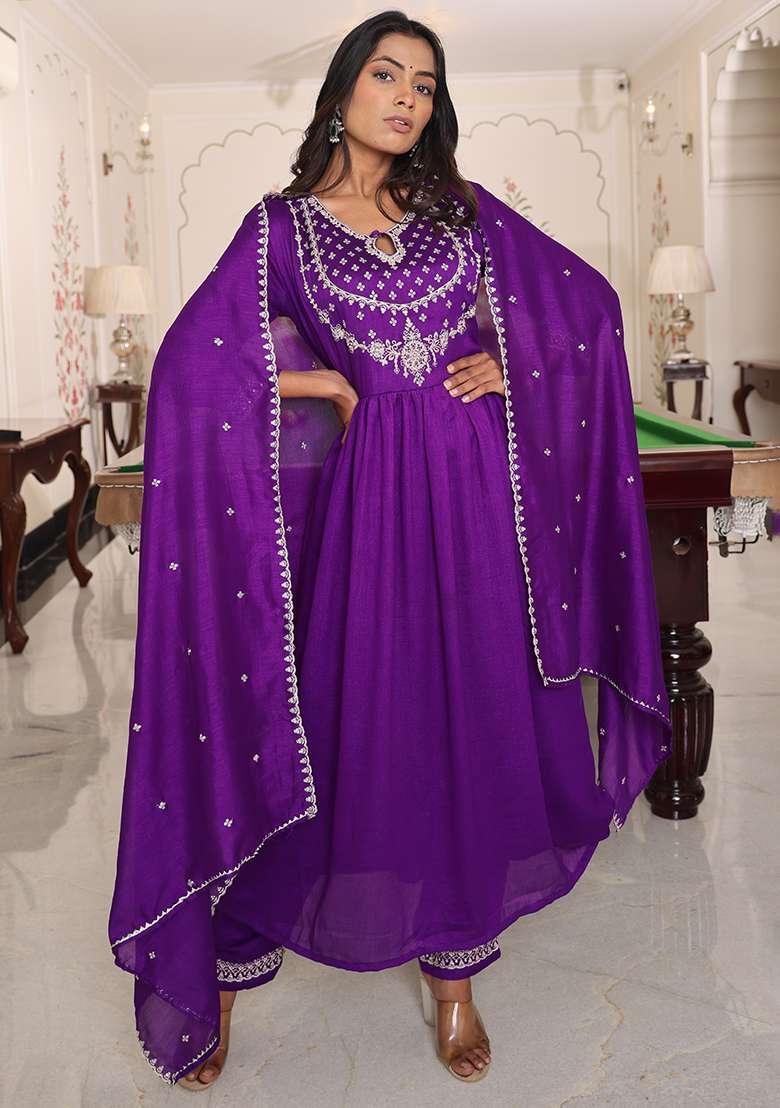 Purple Mirror Work Silk Blend Anarkali Set - Indya