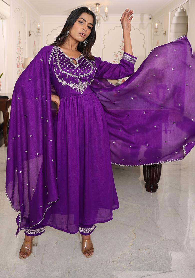 Purple Embroidered Silk Kurta Set