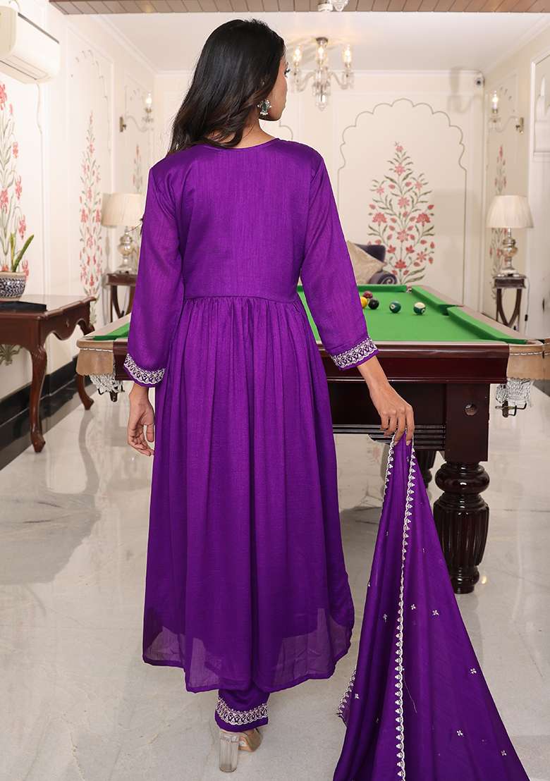 Purple Mirror Work Silk Blend Anarkali Set - Indya