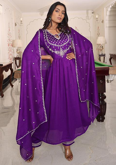 Purple Embroidered Silk Kurta Set