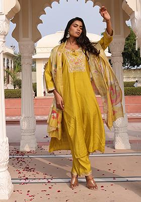 Yellow Embroidered Silk Kurta Set