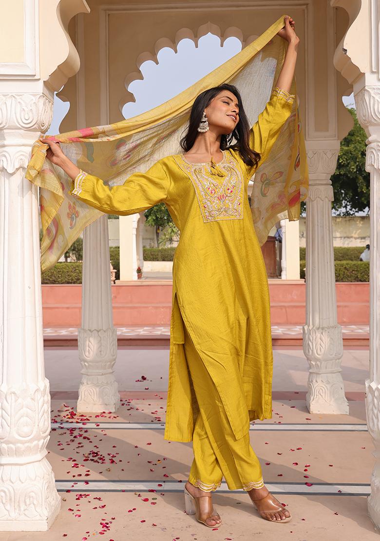 Yellow Embroidered Silk Kurta Set