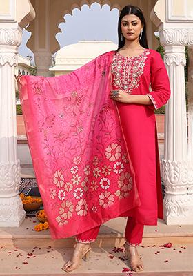Pink Embroidered Silk Kurta Set