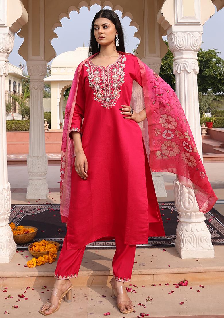Pink Embroidered Silk Kurta Set