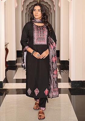 Black Embroidered Viscose Kurta Set