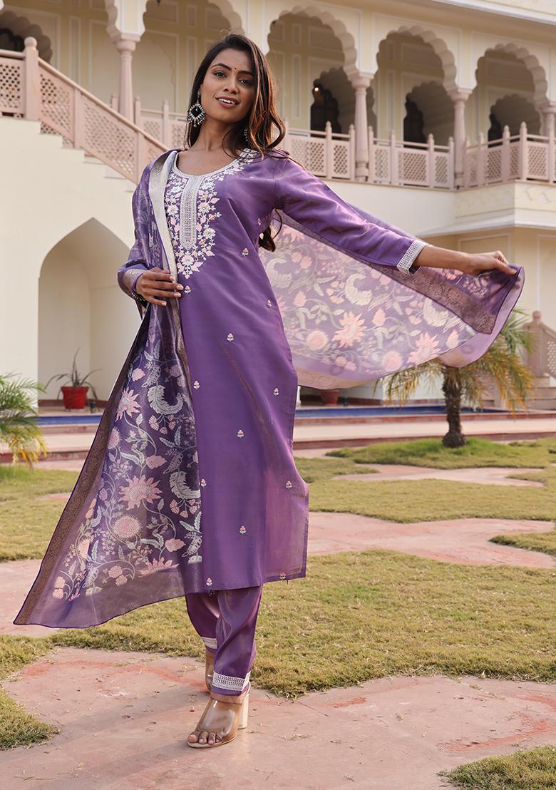 Dark Purple Embroidered Silk Kurta Set