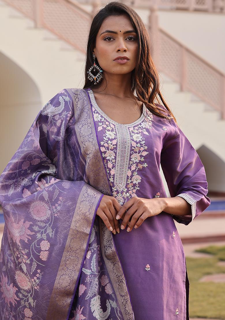Dark Purple Embroidered Silk Kurta Set