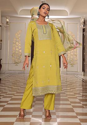 Light Yellow Embroidered Silk Kurta Set
