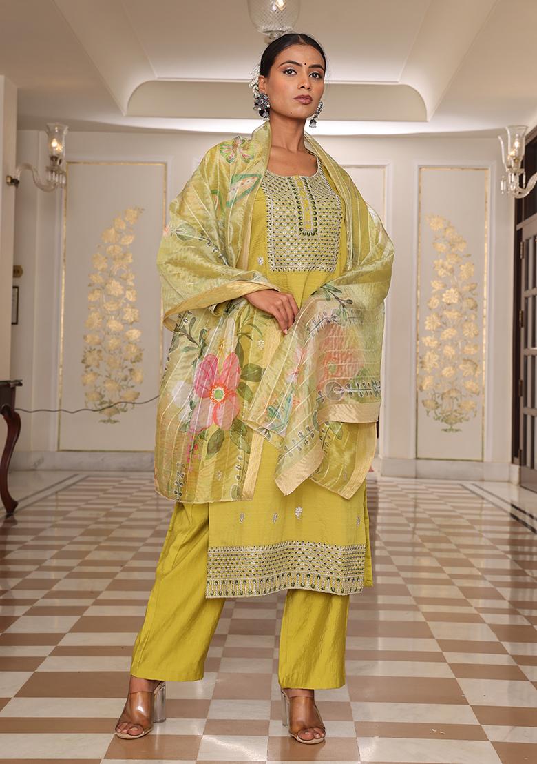 Light Yellow Embroidered Silk Kurta Set