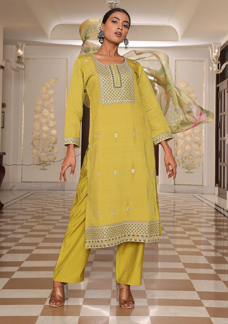 Light Yellow Embroidered Silk Kurta Set
