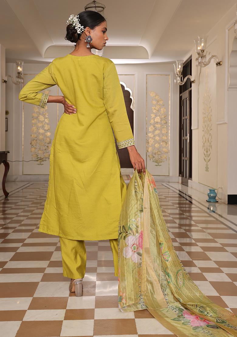 Light Yellow Embroidered Silk Kurta Set