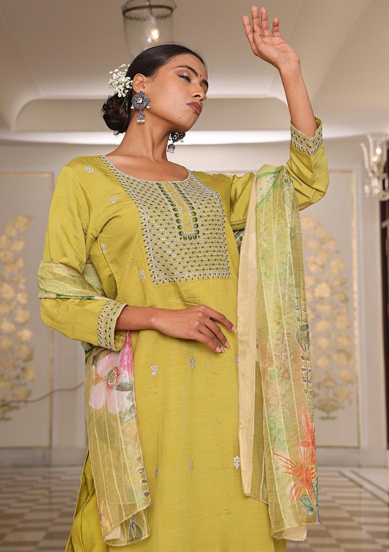 Light Yellow Embroidered Silk Kurta Set