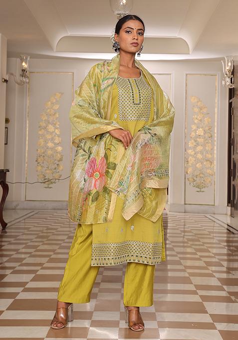 Light Yellow Embroidered Silk Kurta Set