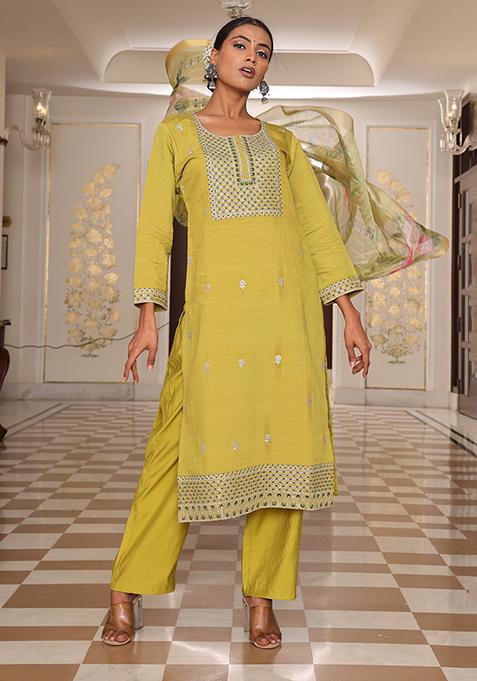 Light Yellow Embroidered Silk Kurta Set