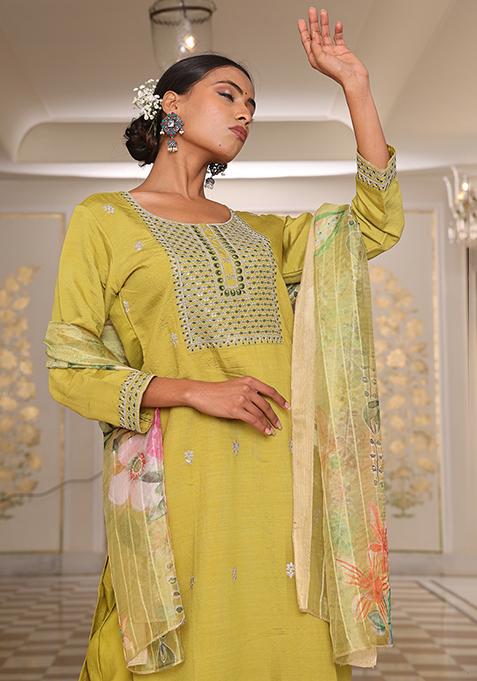 Light Yellow Embroidered Silk Kurta Set