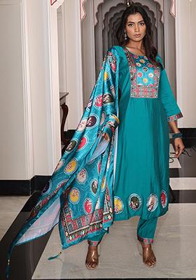 Teal Embroidered Viscose Kurta Set