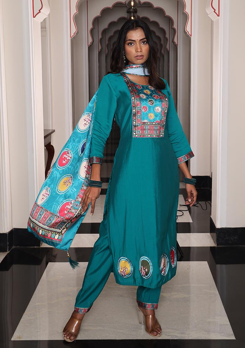 Teal Embroidered Viscose Kurta Set