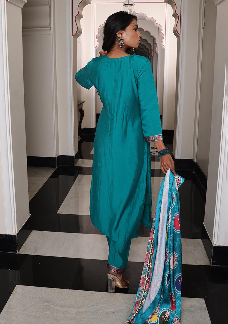 Teal Embroidered Viscose Kurta Set