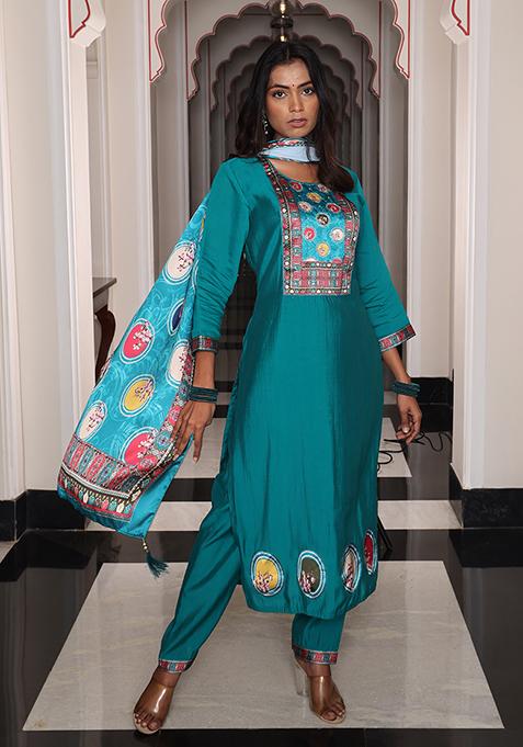 Teal Embroidered Viscose Kurta Set