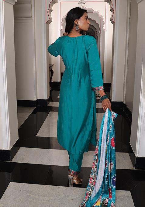Teal Embroidered Viscose Kurta Set
