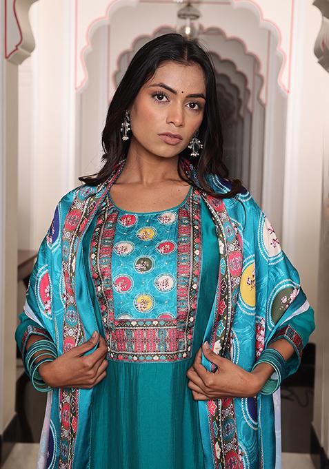 Teal Embroidered Viscose Kurta Set