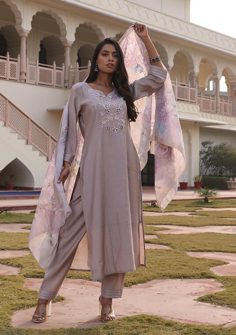 Beige Embroidered Silk Kurta Set