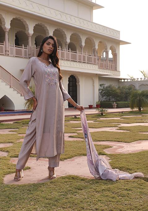 Beige Embroidered Silk Kurta Set