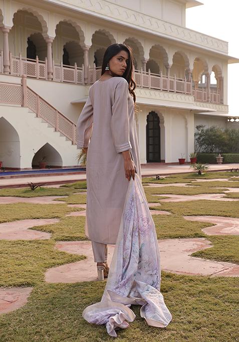Beige Embroidered Silk Kurta Set