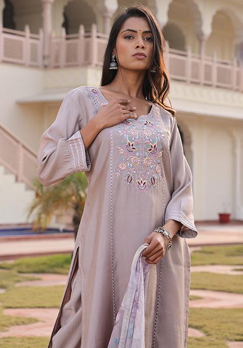 Beige Embroidered Silk Kurta Set