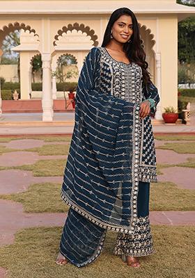 Teal Embroidered Georgette Kurta Set