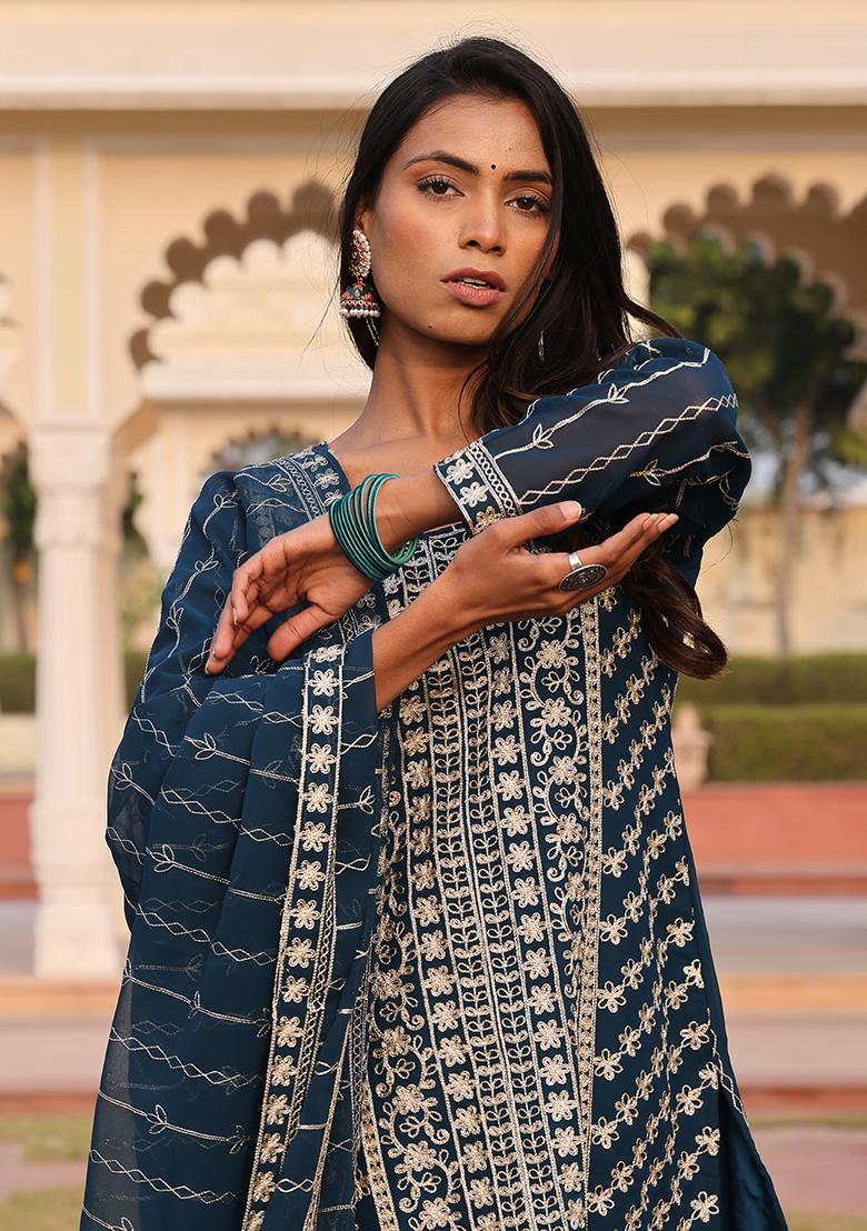Teal Embroidered Georgette Kurta Set