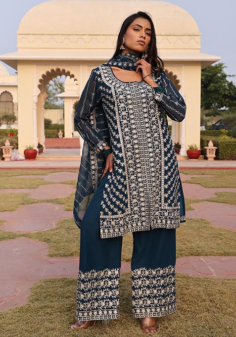 Teal Embroidered Georgette Kurta Set