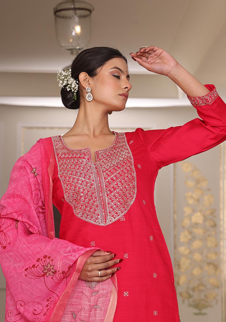 Pink Embroidered Silk Kurta Set