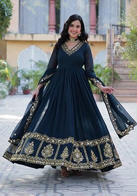 Teal Embroidered Cotton Anarkali Kurta Set