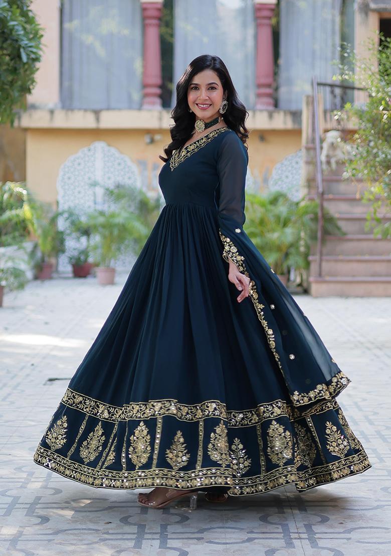 Teal Embroidered Cotton Anarkali Kurta Set