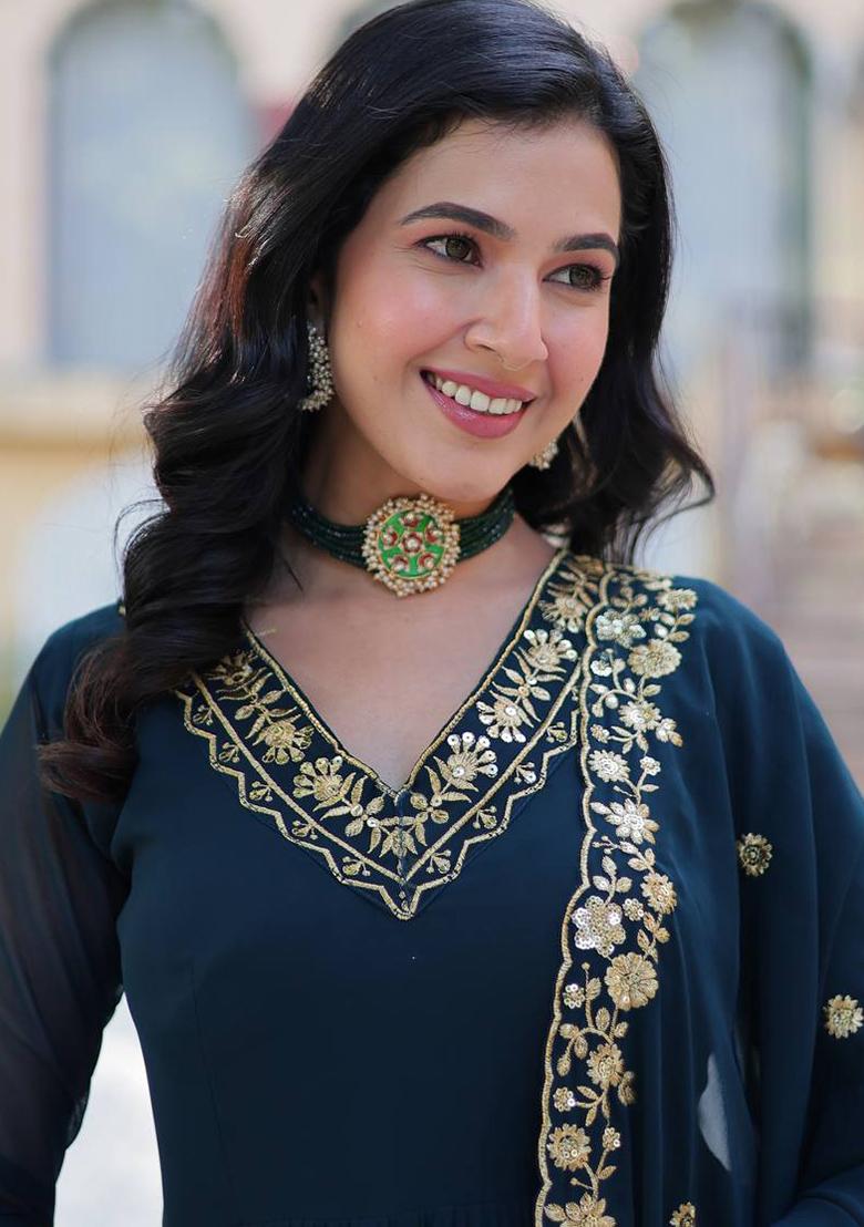 Teal Embroidered Cotton Anarkali Kurta Set