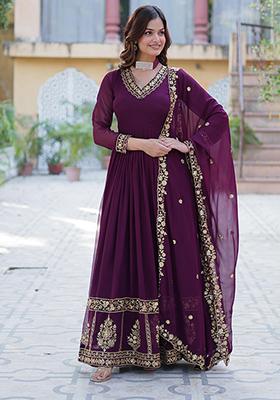 Wine Embroidered Cotton Anarkali Kurta Set