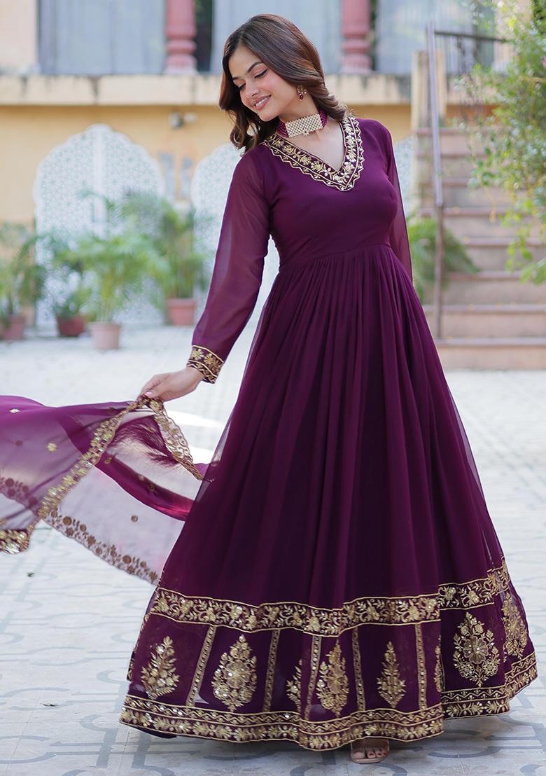 Wine Embroidered Cotton Anarkali Kurta Set