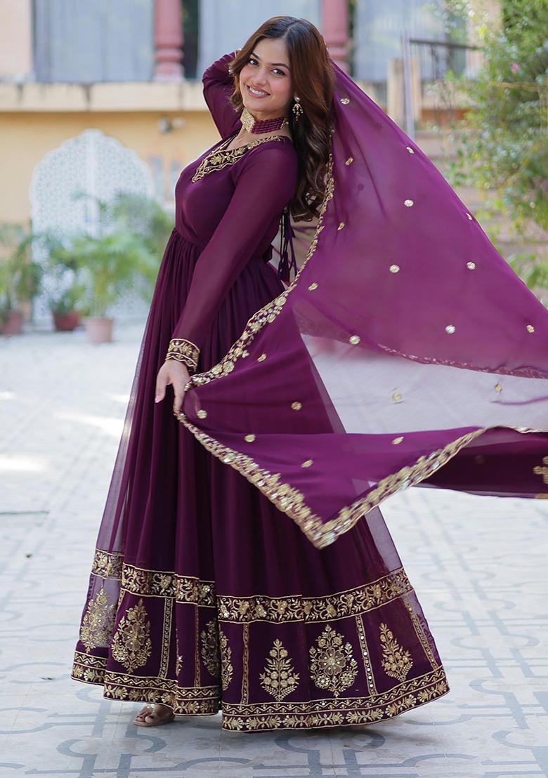 Wine Embroidered Cotton Anarkali Kurta Set