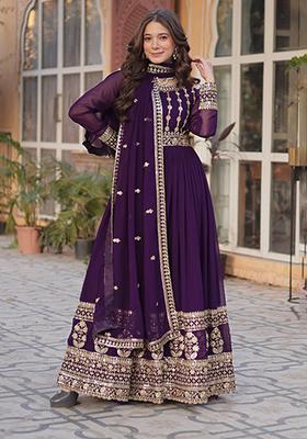 Purple Embroidered Cotton Anarkali Kurta Set