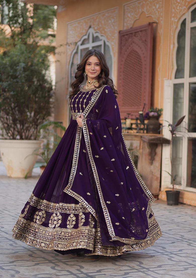 Purple Embroidered Cotton Anarkali Kurta Set