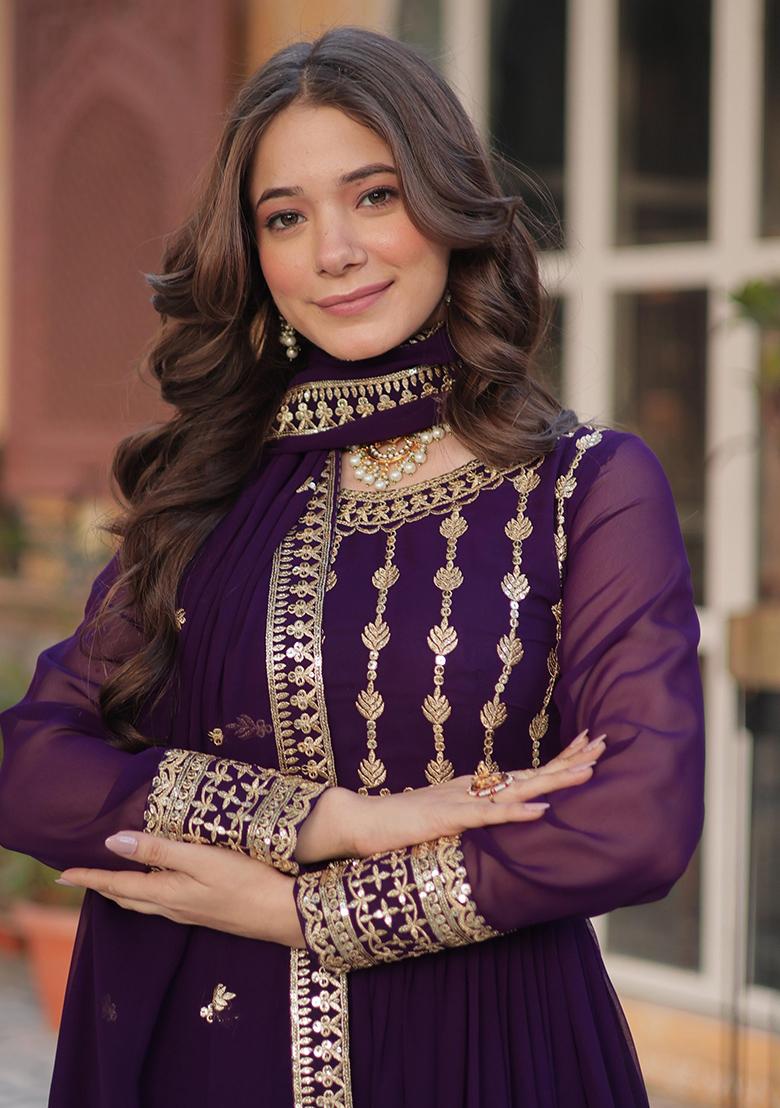 Purple Embroidered Cotton Anarkali Kurta Set