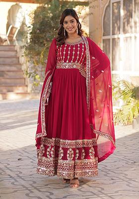Rani Pink Embroidered Cotton Anarkali Kurta Set
