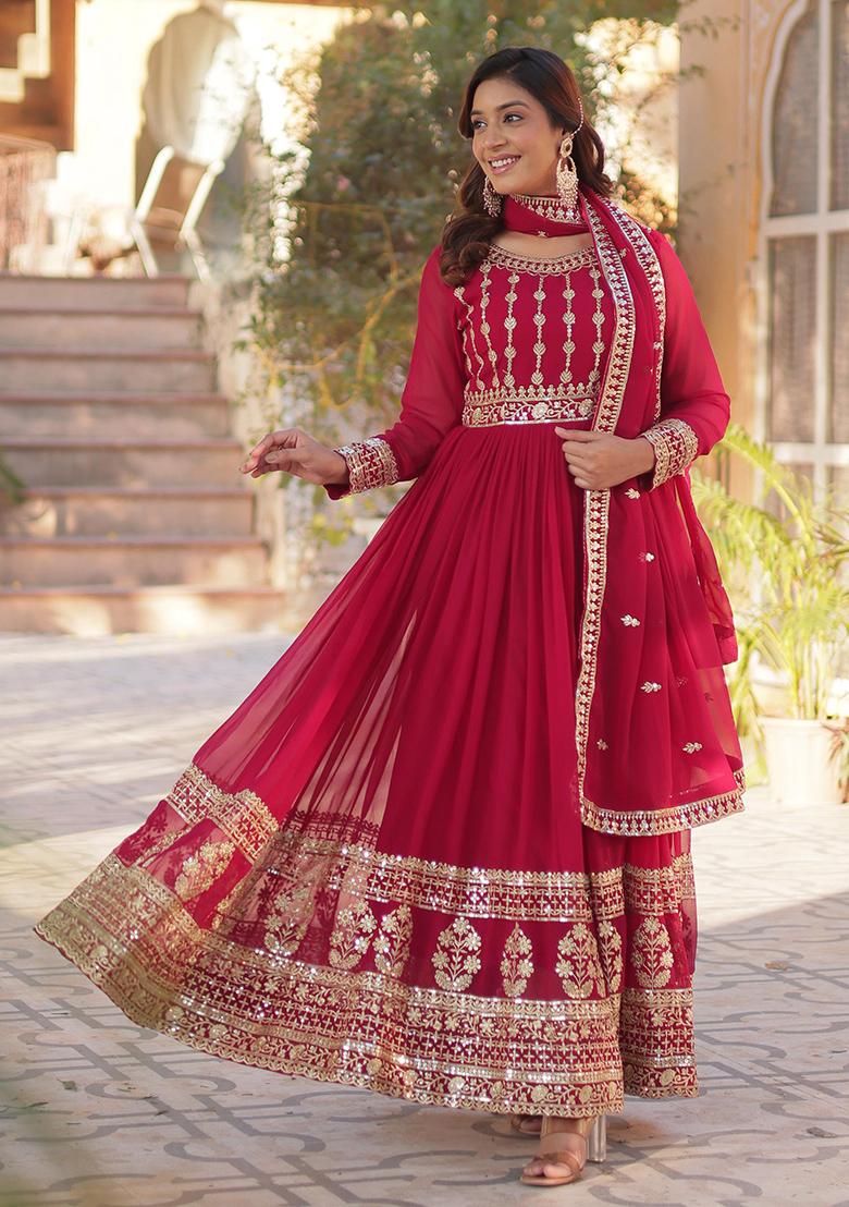 Rani Pink Embroidered Cotton Anarkali Kurta Set