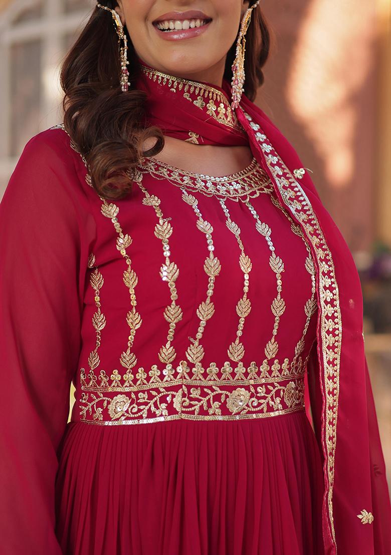 Rani Pink Embroidered Cotton Anarkali Kurta Set